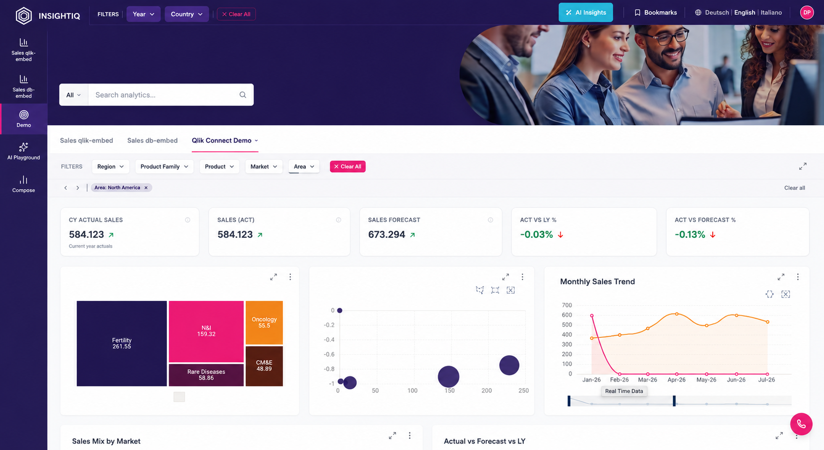 dbEmbed branded analytics portal example with AI insights panel